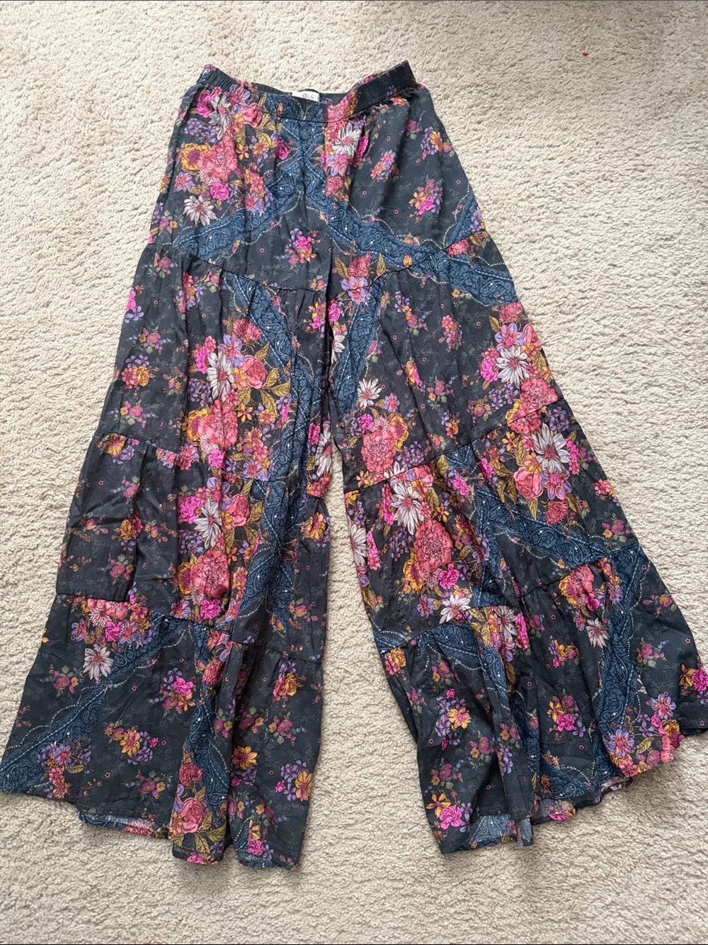 NATURAL LIFE Black Wide-Leg Floral Pants with Pink & Yellow Blooms